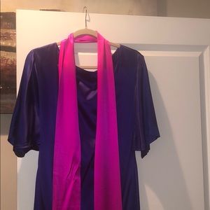 Violet silk t shirt dress with pink silk belt